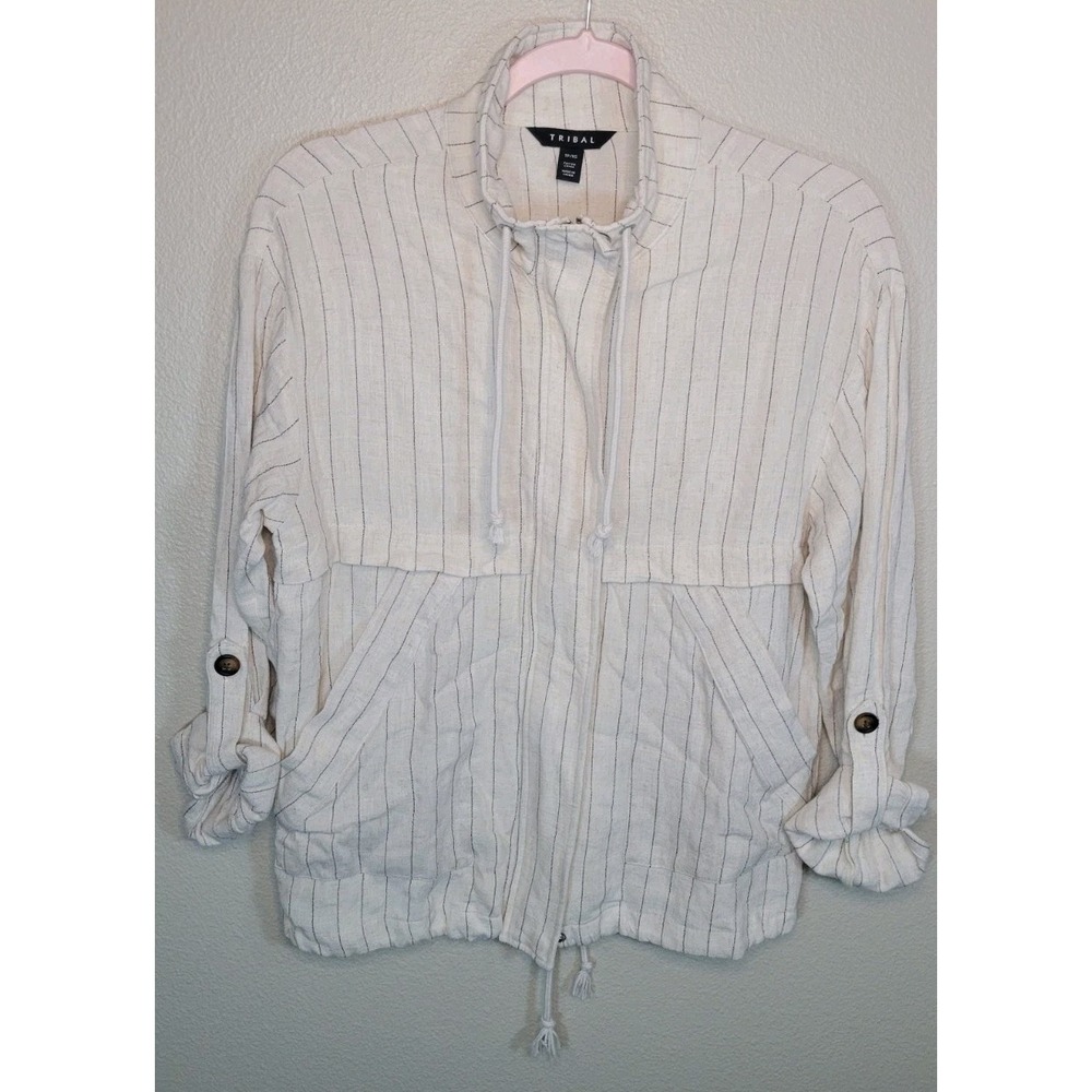 Tribal Linen Blend Striped Utility Jacket Drawstring Hem Zip Front Women's XS...
